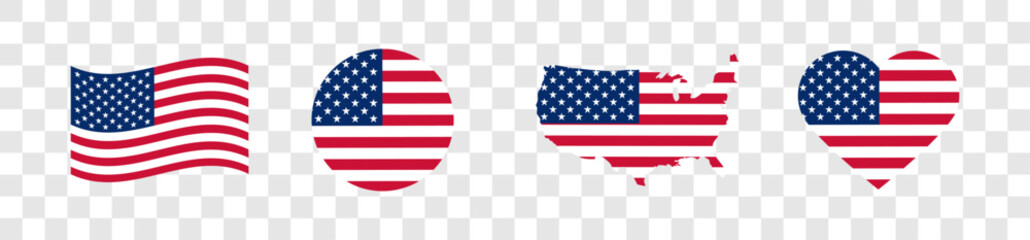 Wall Mural - USA flag icons vector set. United States of America flat badges .Flag of usa vector flat symbol collection .USA flag labels set. Set of American flag icons isolated on transparent background.