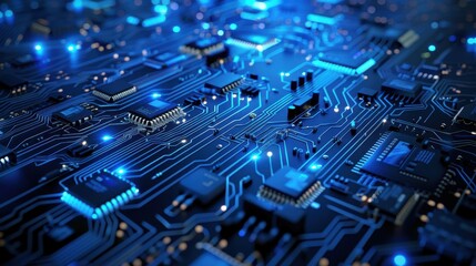 Abstract blue circuit board background with glowing lines and patterns, technology concept for digital chip design or data transfer in information technology