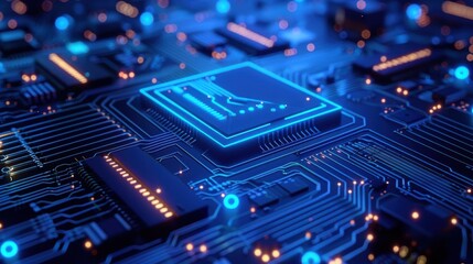 Abstract blue circuit board background with glowing lines and patterns, technology concept for digital chip design or data transfer in information technology