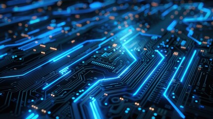 Abstract blue circuit board background with glowing lines and patterns, technology concept for digital chip design or data transfer in information technology
