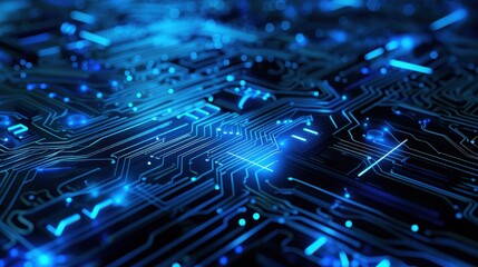 Abstract blue circuit board background with glowing lines and patterns, technology concept for digital chip design or data transfer in information technology