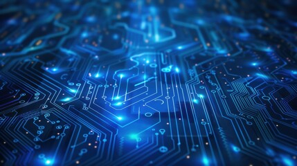 Abstract blue circuit board background with glowing lines and patterns, technology concept for digital chip design or data transfer in information technology