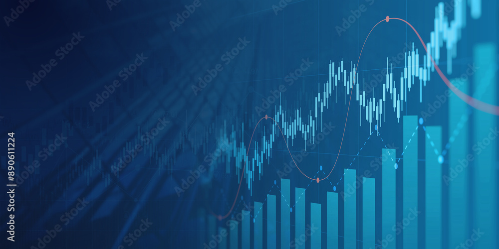 Financial graph with uptrend line and bar chart of stock market on blue color background