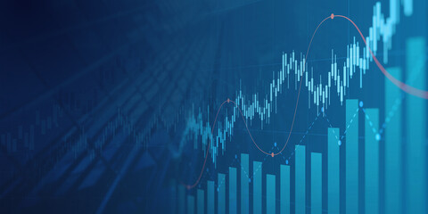 Wall Mural - financial graph with uptrend line and bar chart of stock market on blue color background