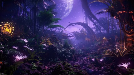 Canvas Print - A sprawling alien jungle with strange, luminescent flora and exotic wildlife.