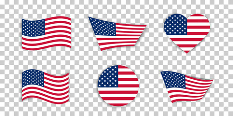 Wall Mural - USA flag icons vector set. United States of America flat badges .Flag of usa vector flat symbol collection .USA flag labels set. Set of American flag icons isolated on transparent background.