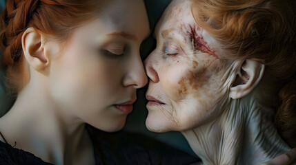 Wall Mural - A beautiful snapshot capturing a senior redhead woman tenderly kissing the forehead of her joyful sister battling cancer