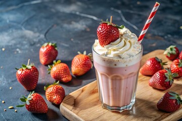 Wall Mural - Refreshing strawberry milkshake with whipped cream and a straw on the table surrounded by fresh strawberries.