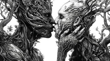 Poster - an extremely detailed full-body line-art illustration of humanoid trees kissing