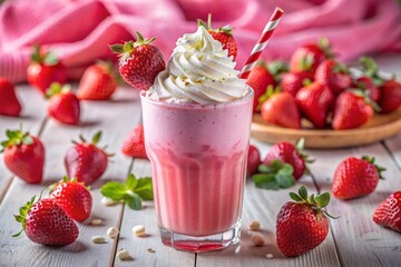 Wall Mural - Refreshing strawberry milkshake with whipped cream and a straw on the table surrounded by fresh strawberries.