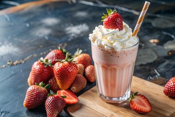 Wall Mural - Refreshing strawberry milkshake with whipped cream and a straw on the table surrounded by fresh strawberries.