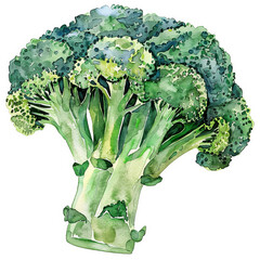 Wall Mural - A watercolor painting of a fresh broccoli head, showcasing its vibrant green florets and detailed stem, isolated on white background.