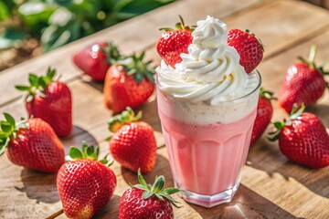 Wall Mural - Refreshing strawberry milkshake with whipped cream and a straw on the table surrounded by fresh strawberries.