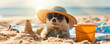 © AI_images_for_people - A contented ferret laying on a beach blanket, with a sun hat and oversized sunglasses, next to a sandcastle and a bucket.