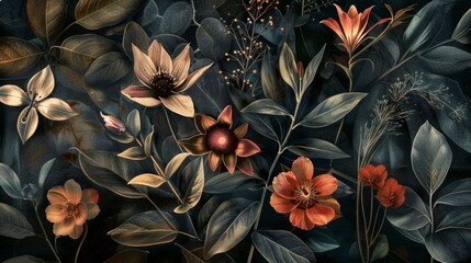 Wall Mural - Elegant floral pattern with dark and muted tones. AI-generated artistic background. Perfect for wall art, textile design, and invitations. A blend of vintage and contemporary styles. AI