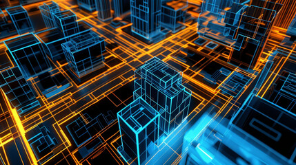 Sticker - A futuristic city with neon blue and orange lines sketching out the buildings and streets. The glowing lines give the city a lively, high-tech appearance.