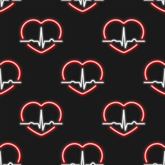 Wall Mural - Heartbeat medical vector seamless pattern. Red neon hearts with white pulse line on black background.