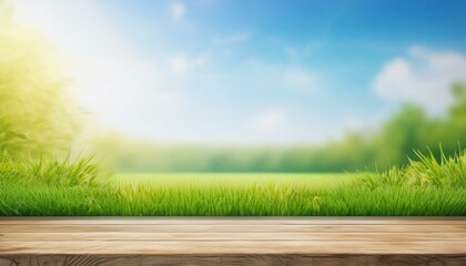 a natural spring garden background of fresh green grass with a bright blue sunny sky with a wooden table