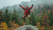 © T-elle - Excited Hiker Jumping for Joy in Autumn Forest. A cheerful man in hiking gear jumps with excitement on a rock in an autumn forest. The misty background and colorful foliage enhance the adventurous and