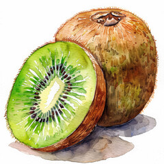 Wall Mural - A watercolor painting of a fresh kiwi, showing the detailed brown skin and vibrant green interior, isolated on white background.