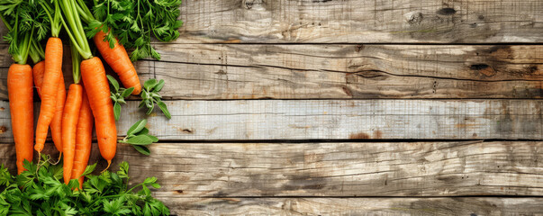 Fresh carrots, celery, and herbs arranged on rustic wooden planks. The bright colors of the vegetables contrast beautifully with the aged wood.