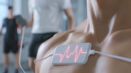 a wearable ecg patch transmitting data to a smartphone, on a patient's chest during a fitness sessio