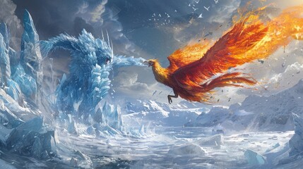 Wall Mural - a towering titan of ice and a blazing phoenix engaged in a fierce aerial combat over a frozen tundra