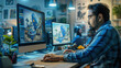 © Chatchanan - An Indian male game designer using a desktop computer with 3D modeling software to create characters and worlds for an immersive adventure video game in a diverse game development office.