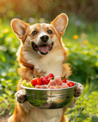 Wall Mural - Happy Corgi Holding Bowl of Fresh Vegetables and Meat, Enjoying Healthy Meal