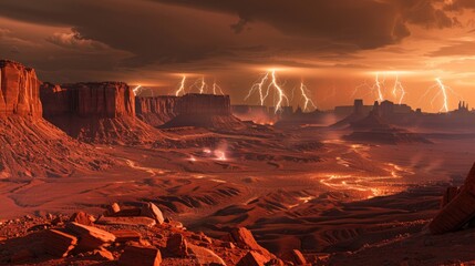 Poster - A vast, alien desert with strange rock formations and distant lightning storms.