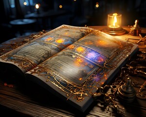 Wall Mural - Old holy book on the table in the dark. 3d rendering