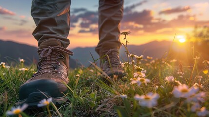 close-up shot of a person wearing hiking boots standing in a field of wildflowers with a stunning su