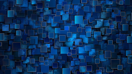 Wall Mural - Blue and black squares form an abstract pattern on a dark blue background. The squares are different sizes and are arranged in a seamless pattern.