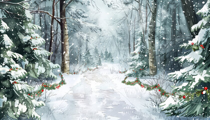 Wall Mural - A painting of a snowy forest with two Christmas trees and a path