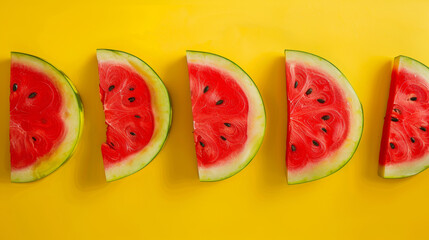 Canvas Print - Slices of bright red watermelon are lined up on a yellow background.