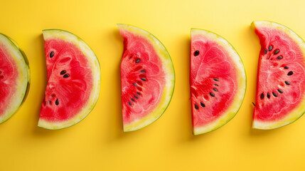 Canvas Print - Slices of bright red watermelon are lined up on a yellow background.