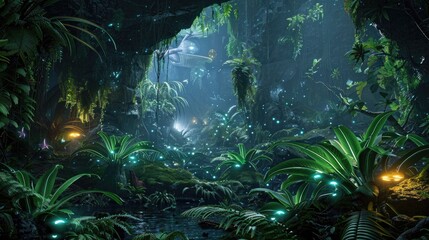 Canvas Print - An alien jungle filled with bioluminescent plants and exotic wildlife.