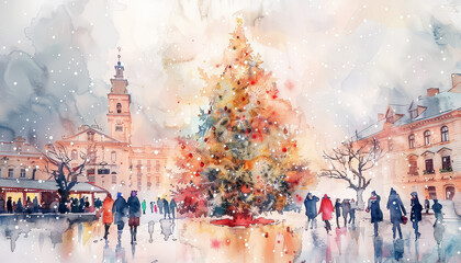 Wall Mural - A painting of a Christmas tree with people gathered around it