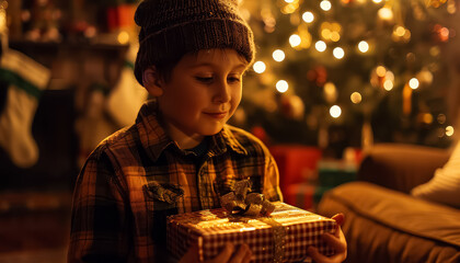 Poster - A boy is holding a box with a red ribbon on it