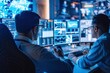 © AiHRG Design - Two individuals work in a dimly lit control room, analyzing data on multiple monitors while surrounded by a wall of screens displaying complex patterns.
