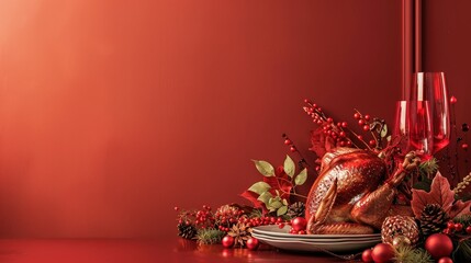 A roasted turkey sits on a white platter with red berries, ornaments, and glasses of wine, all on a red table against a red background