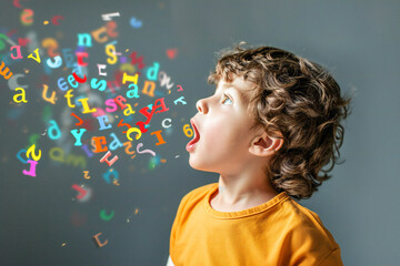 a young boy is learning to speak, or learning a foreign language. colorful letters fly out of his mo
