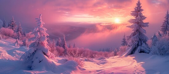 Wall Mural - Pink Sunset Over Snow-Covered Mountain Tops