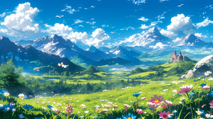 landscape field and mountain in spring style anime