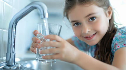 Girl holding a glass while filling it with water from a tap, white background, looking at the camera, blurred surroundings