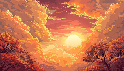 Wall Mural - A painting of a field with a large yellow sun in the center