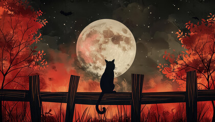 Wall Mural - A black cat sits on a fence in front of a tree with leaves falling