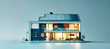 © Anoo - A futuristic smart home with solar panels on the roof, bathed in the warm glow of evening light. The house stands on a platform, with a blue background