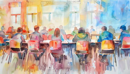 Wall Mural - A group of students sit in a classroom with backpacks