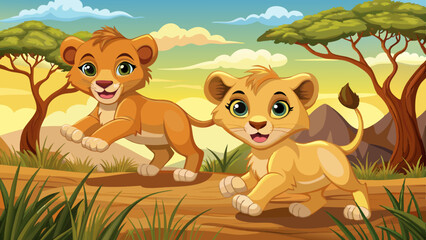 Wall Mural - Two cute lion cubs running through the savannah